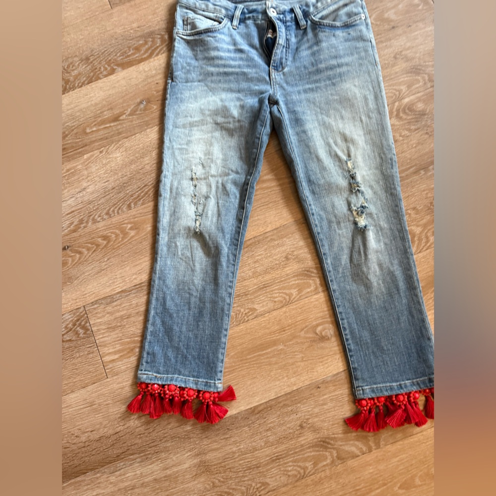 Pilcro and the Letterpress Light Wash Cropped Jeans with Red Tassel Hem - Picture 3 of 6